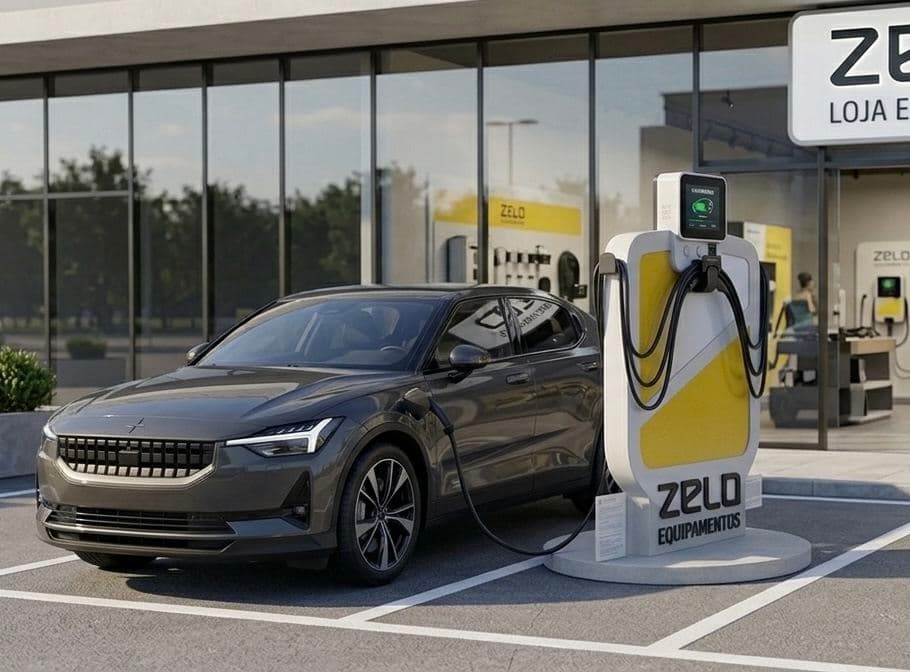 Fachada de uma loja Zelo com carregador em operação na frente e um carro elétrico estacionado ao lado.