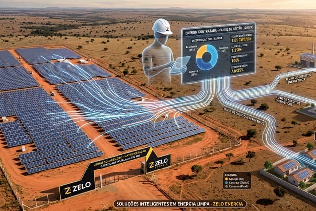 Usina solar de gerador parceiro em campo aberto, com o painel de gestão da energia contratada em destaque.