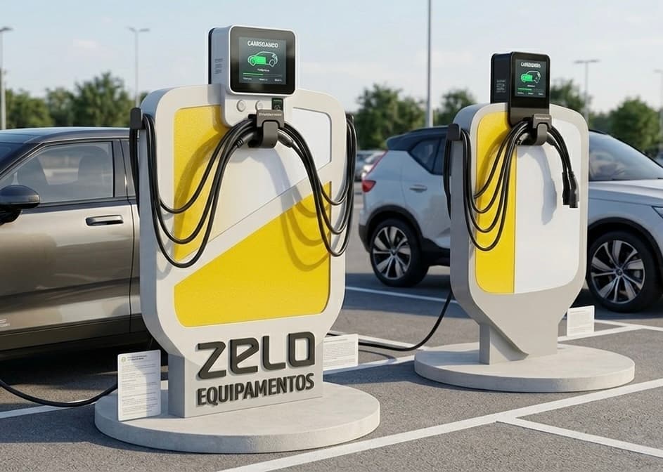 Dois carregadores Zelo lado a lado em estacionamento comercial ao ar livre, cada um com um carro conectado carregando.