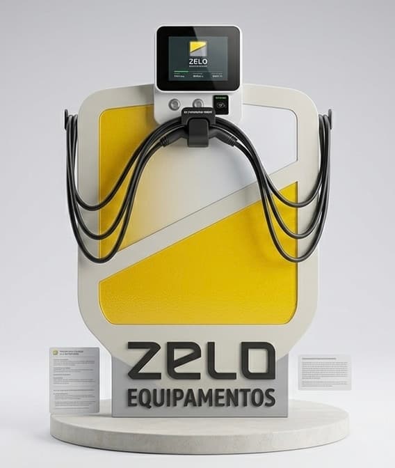 Carregador Zelo em foto de estúdio: totem branco com painel amarelo, tela no topo e dois cabos de recarga.